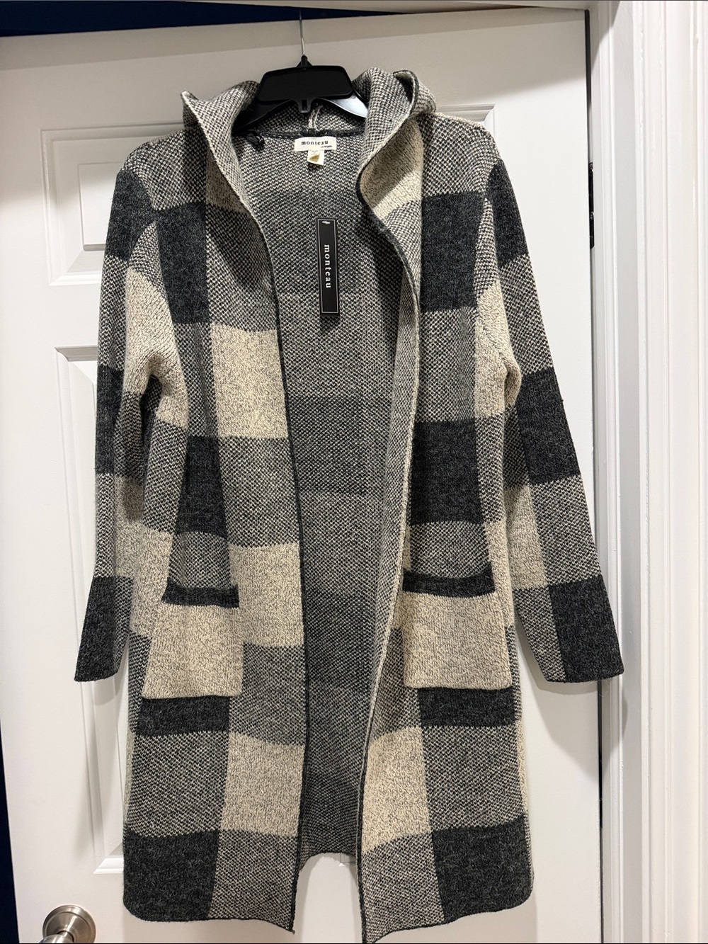 Black and Tan Hooded Plaid Open Cardigan